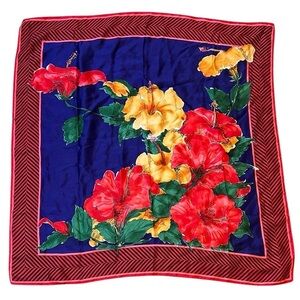 Vera 100% Silk Floral Scarf 30x30 Red/Navy/Yellow Hibiscus Tropical Print Bright